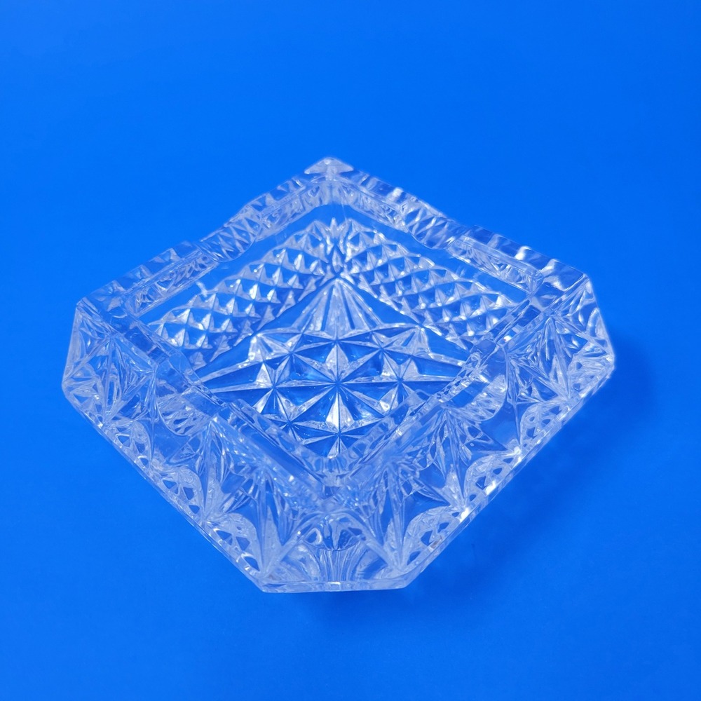 MCM Crystal Ashtray Diamond Cut Square Vintage Heavy‎ Glass Small Chip